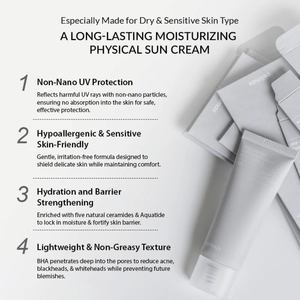 Celimax Dual Barrier Watery Sun Cream SPF50+ PA++++ med fysisk UV-filter, fem ceramider og Aquatide som fukter og styrker hudbarrieren.