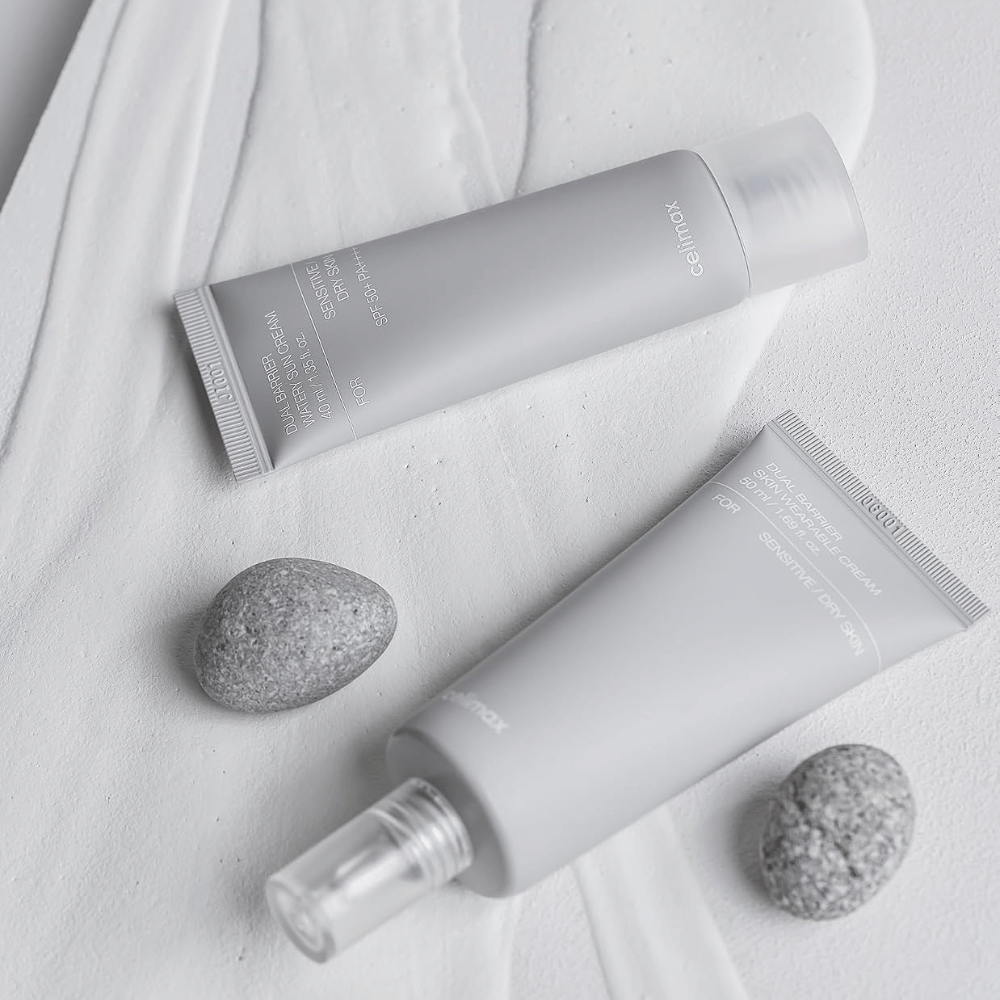 Celimax Dual Barrier Watery Sun Cream SPF50+ PA++++ for tørr og sensitiv hud med fuktgivende solbeskyttelse og styrkende barrierepleie.