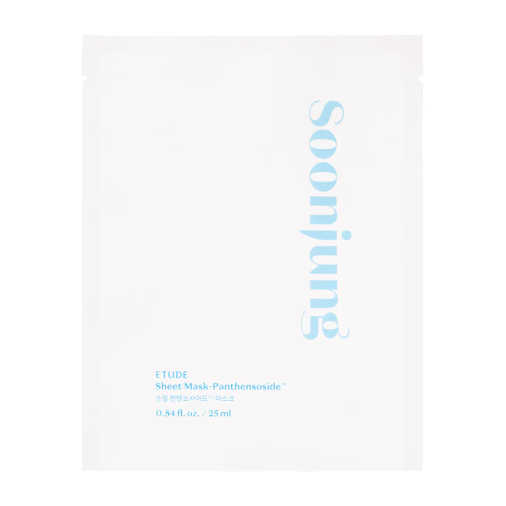En minimalistisk hvit forpakning av ETUDE Soon Jung Panthensoside Sheet Mask. Teksten er i en lyseblå nyanse og størrelsen angis som 0.84 fl. oz. / 25 ml.