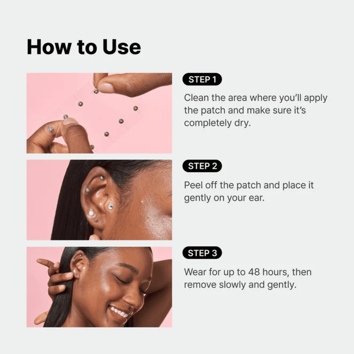 Steg-for-steg-guide som viser hvordan RETURNITY Ear Therapy Acupressure Patch påføres øret. Plastrene plasseres på utvalgte punkter og kan brukes i opptil 48 timer.