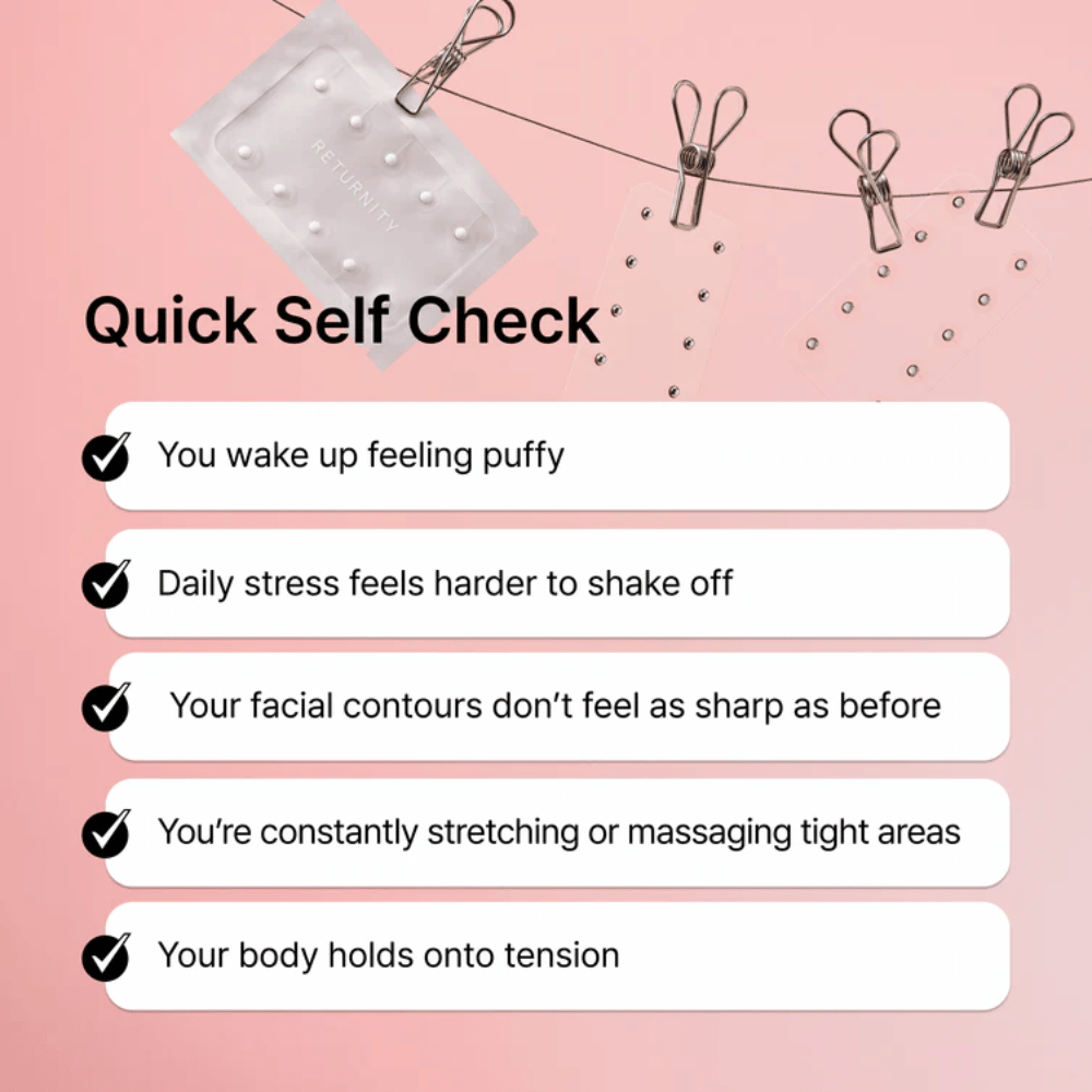 Illustrasjon av vanlige tegn på stress, hevelse og spenninger. RETURNITY Ear Therapy Acupressure Patch presenteres som en del av en daglig wellness-rutine for avslapning og balanse.