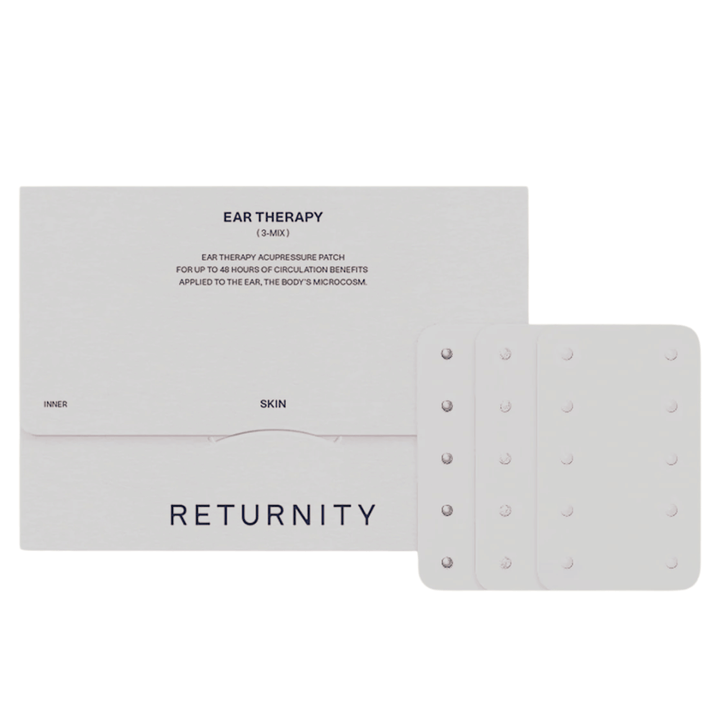 RETURNITY Ear Therapy Acupressure Patch 30pcs (3-Mix) med emballasje og tre ulike typer akupressurplaster. Settet inneholder flere varianter for tilpasset øreakupressur og daglig bruk.