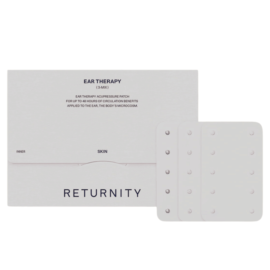 RETURNITY Ear Therapy Acupressure Patch 30pcs (3-Mix) med förpackning och tre olika typer av akupressurplåster. Setet innehåller flera varianter för anpassad öronakupressur och daglig användning.