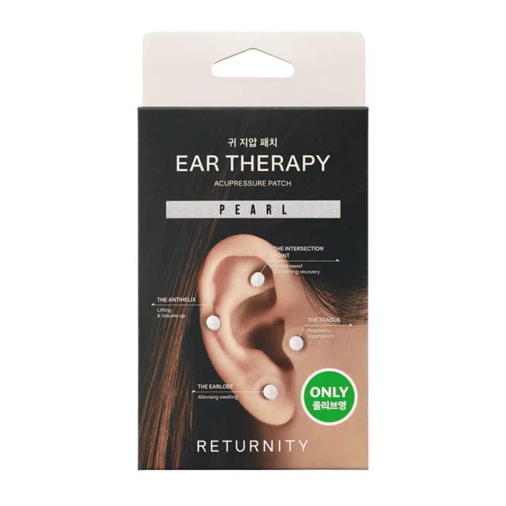 Pakning av RETURNITY Ear Therapy Acupressure Patch Pearl med illustrasjon av øreplastre plassert på ulike trykkpunkter på øret.