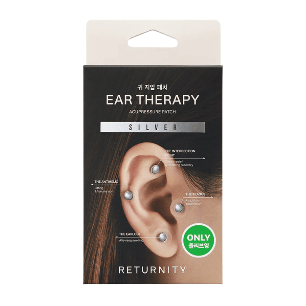 Pakning av RETURNITY Ear Therapy Acupressure Patch Silver med sølvfargede øreplastre og markerte akupressurpunkter på øret.