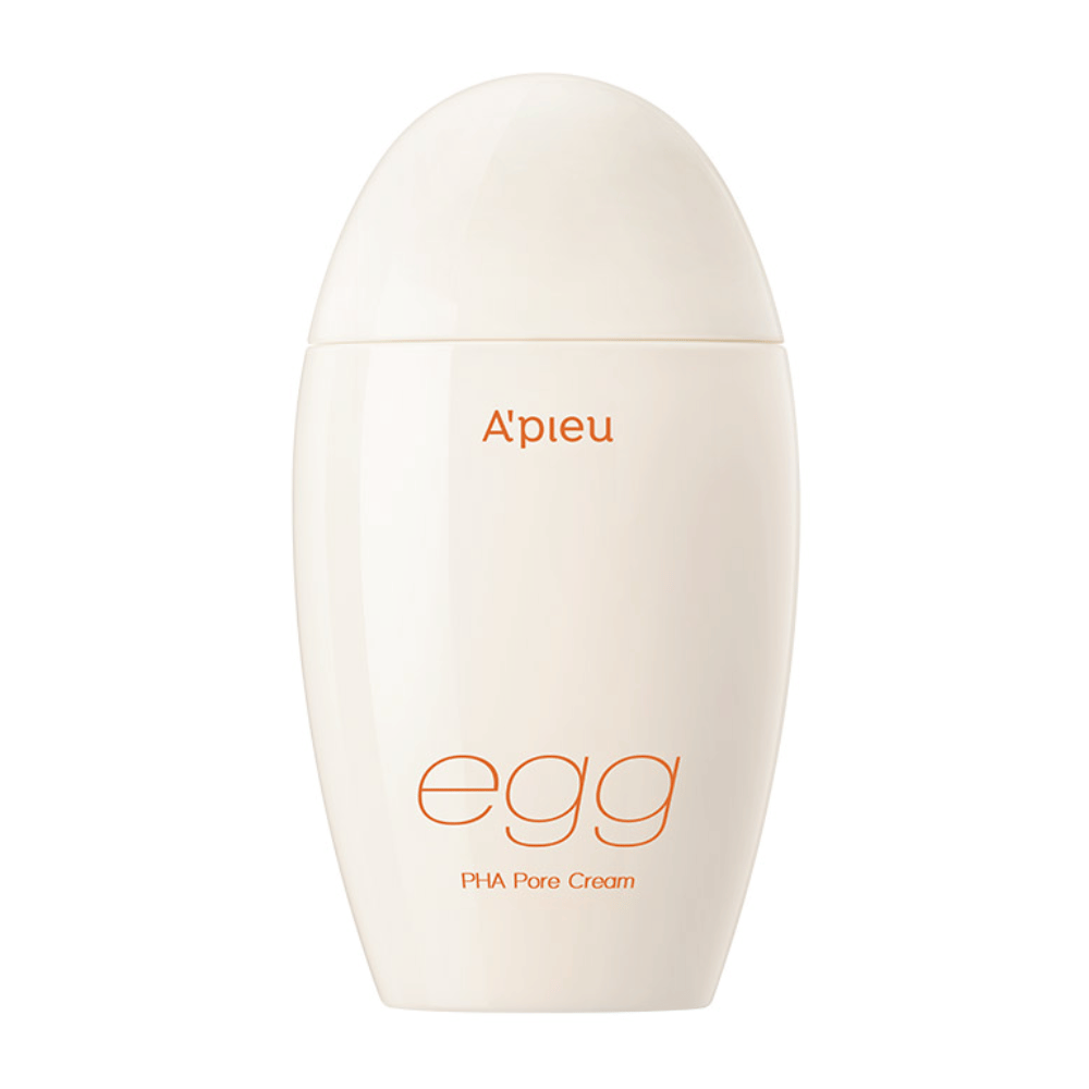A’pieu Egg PHA Pore Cream i eggformet, beige emballasje med oransje tekst – en koreansk ansiktskrem for poreminskning og skånsom eksfoliering.