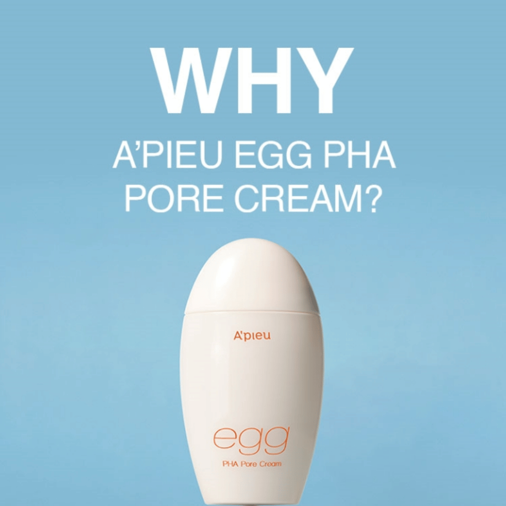 A’pieu Egg PHA Pore Cream i eggformet emballasje på blå bakgrunn med teksten "WHY A’PIEU EGG PHA PORE CREAM?", som fremhever produktets fordeler.