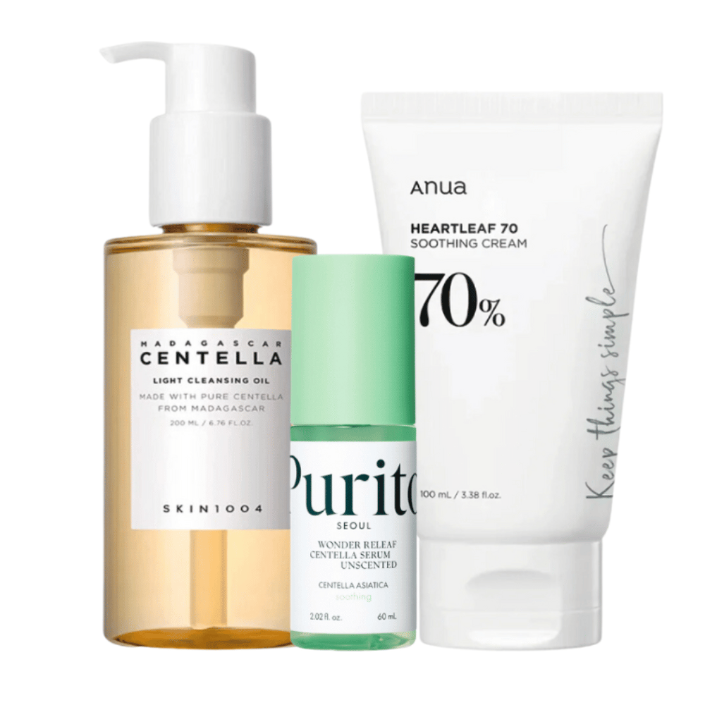 Dette Hudpleiesett inneholder tre trinn for en strålende hud: SKIN1004 Madagascar Centella Light Cleansing Oil for mild rensing, Purito Wonder Relief Centella Serum for fuktighet og Anua Heartleaf 70 Soothing Cream for beroligende pleie. Perfekt for daglig bruk.