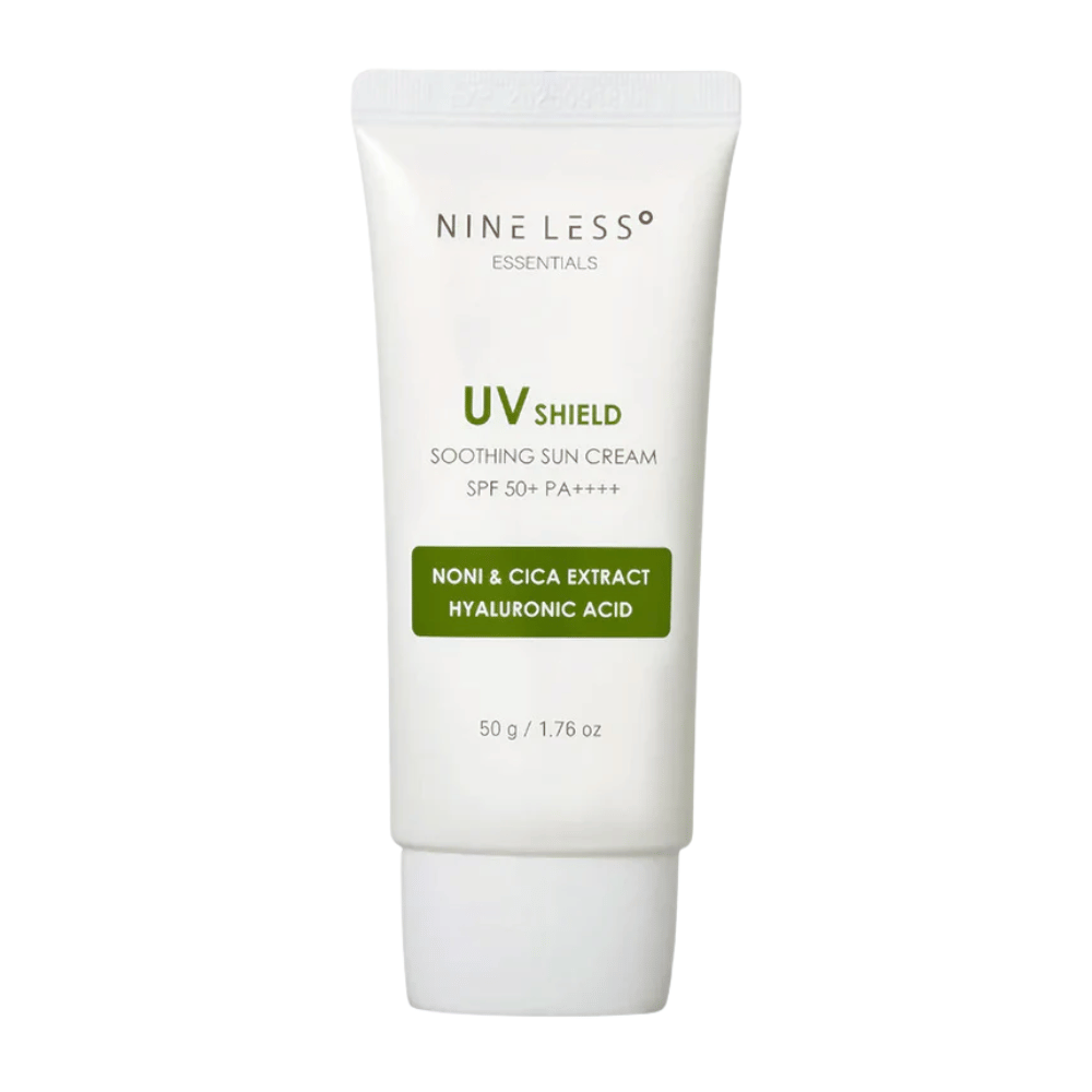 NINE LESS Essentials UV Shield Soothing Sun Cream SPF 50+ PA++++ – fuktighetsgivende solkrem med noni, cicaekstrakt og hyaluronsyre som beskytter og beroliger huden.