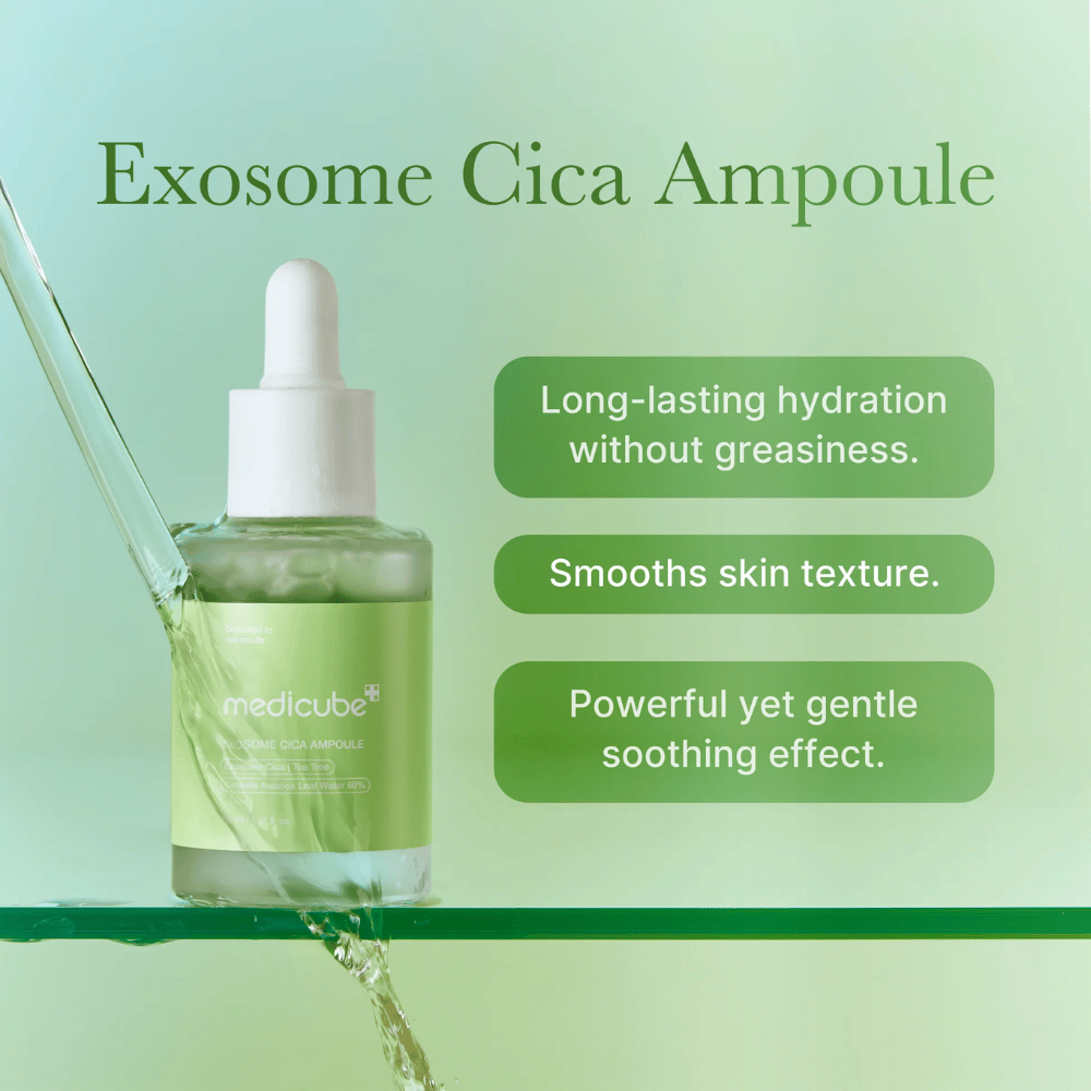 Medicube Exosome Cica Ampoule med grønn vannstrøm, fremhevet for langvarig fuktighet, jevn hudtone og kraftfull men skånsom beroligende effekt.