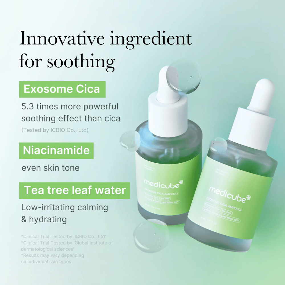 To flasker Medicube Exosome Cica Ampoule, formulert med Exosome Cica, niacinamid og tea tree bladvann for beroligende effekt.