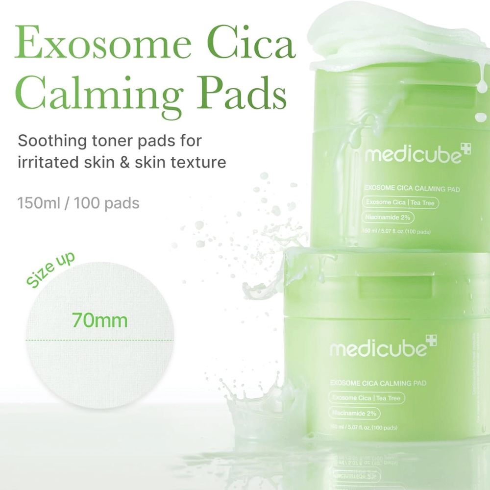 Medicube Exosome Cica Calming Pads i grønn boks, beroligende toner pads med niacinamid og tea tree for irritert hud, 150 ml/100 pads.