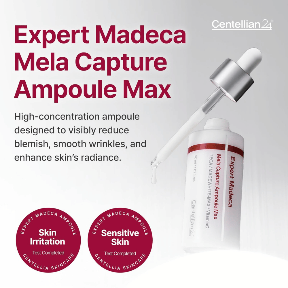 Centellian24 Expert Madeca Mela Capture Ampoule Max 30 ml – konsentrert koreansk ampulle for pigmentflekker, fine linjer og forbedret glød.