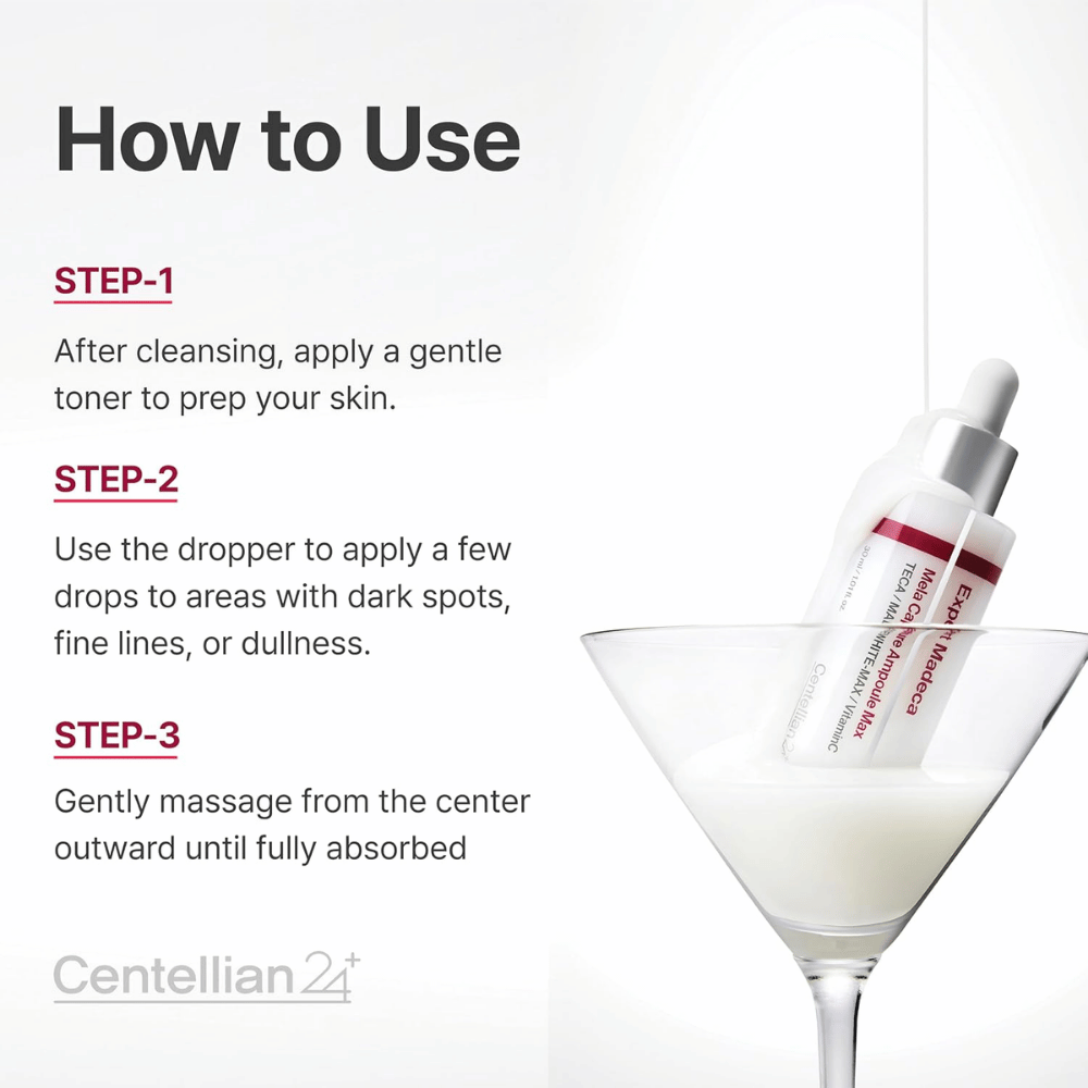 Centellian24 Expert Madeca Mela Capture Ampoule Max – påfør noen dråper på områder med pigmentflekker, fine linjer eller gusten hud og masser forsiktig inn.