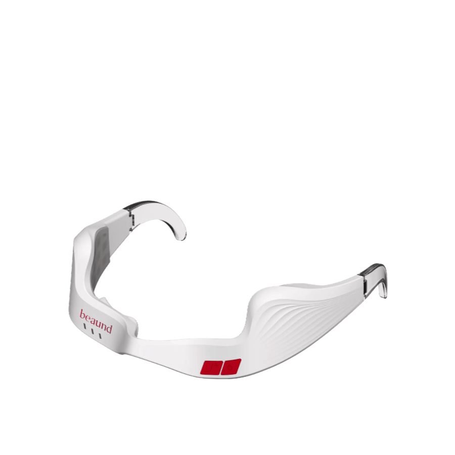 Frilagt produktbilde av Beaund Eye Rejuv i minimalistisk hvit design med transparente detaljer og intuitive kontrollknapper.