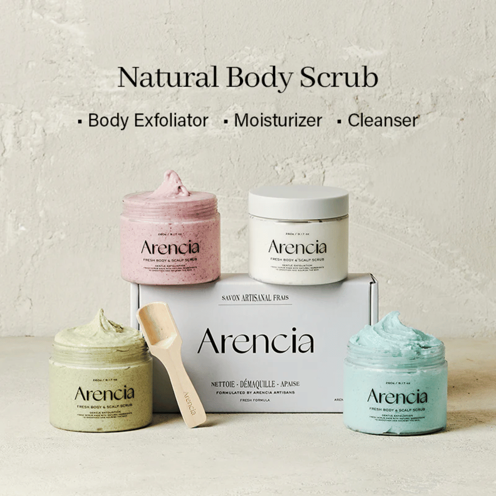 Arencia Fresh Cloud Body & Scalp Scrub i flere varianter stilt opp sammen. Vegansk kroppsskrubb og skalpskrubb som renser, eksfolierer og fukter.