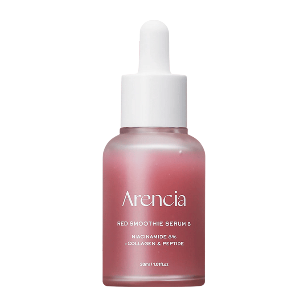 Arencia Red Smoothie Serum 8 i glassflaske med pipette, 30 ml. Et rosa serum med niacinamid, kollagen og peptider som styrker hudbarrieren og øker spensten.