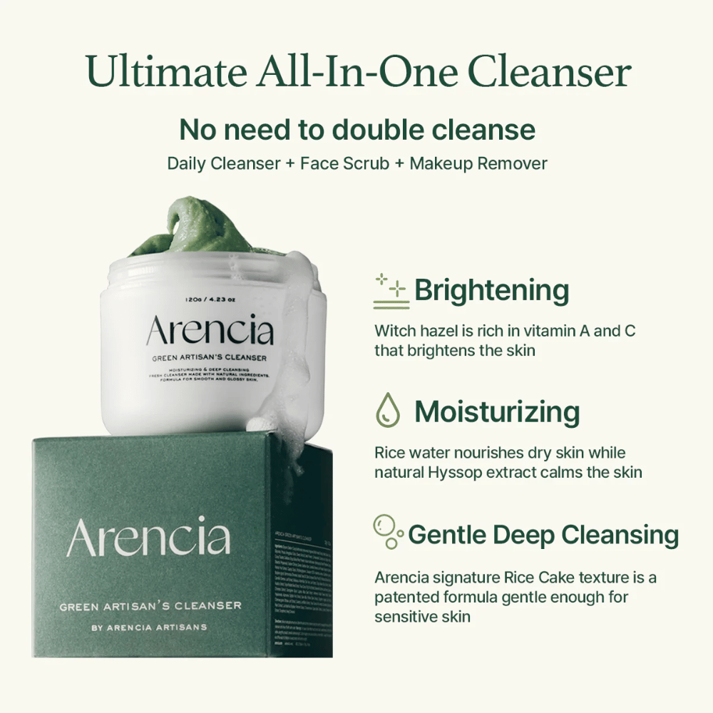 Arencia Green Artisan's Cleanser vises med krukke og eske. Teksten fremhever Fordeler: Brightening (vitamin A & C), Moisturizing (risvann & isop), Gentle Deep Cleansing med patentert risstruktur.