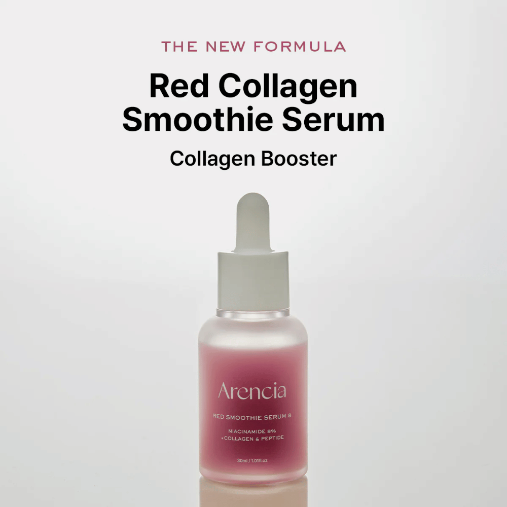 Arencia Red Smoothie Serum 8 presenteres som "Red Collagen Smoothie Serum", en kraftfull kollagenbooster med 8 % niacinamid, kollagen og peptider.