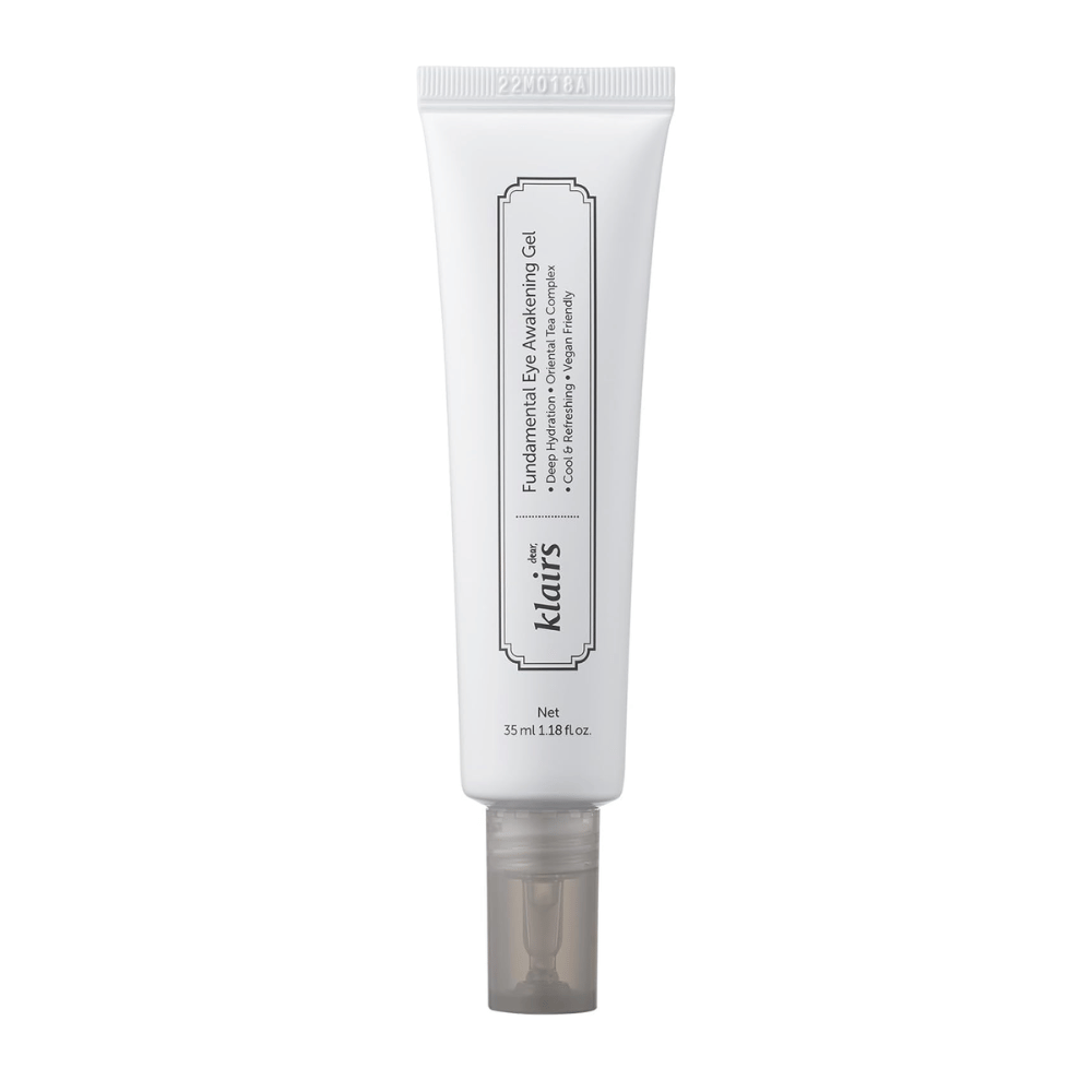 Frilagt produktbilde av Klairs Fundamental Eye Awakening Gel mot hvit bakgrunn. Tuben vises forfra for å tydelig presentere produktnavn, størrelse og det rene, minimalistiske designet som kjennetegner Klairs-produkter.