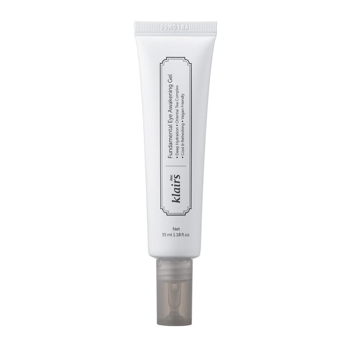 Frilagt produktbilde av Klairs Fundamental Eye Awakening Gel mot hvit bakgrunn. Tuben vises forfra for å tydelig presentere produktnavn, størrelse og det rene, minimalistiske designet som kjennetegner Klairs-produkter.