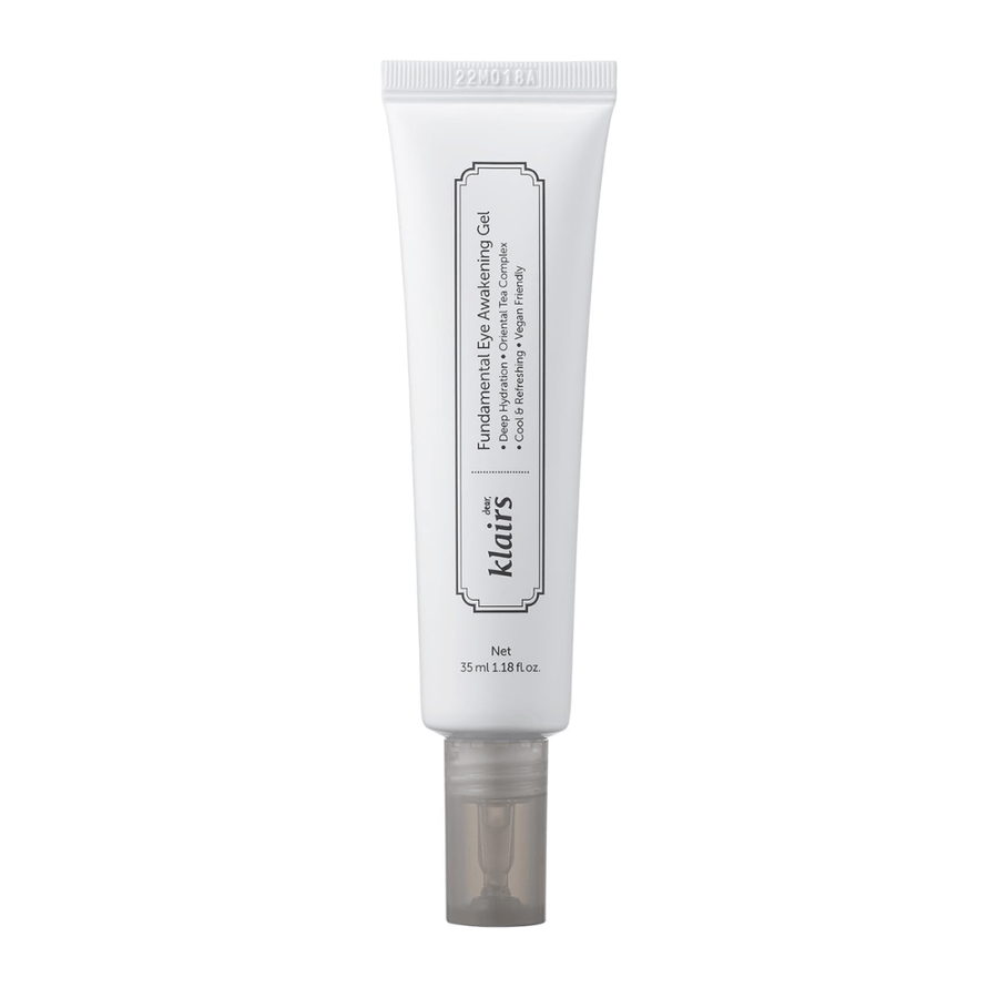 Frilagt produktbilde av Klairs Fundamental Eye Awakening Gel mot hvit bakgrunn. Tuben vises forfra for å tydelig presentere produktnavn, størrelse og det rene, minimalistiske designet som kjennetegner Klairs-produkter.