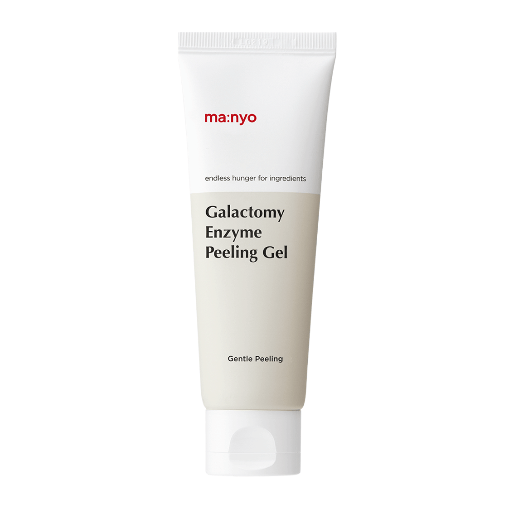ma:nyo Galactomy Enzyme Peeling Gel, skånsom eksfolierende peelinggel i hvit og beige tube mot hvit bakgrunn.