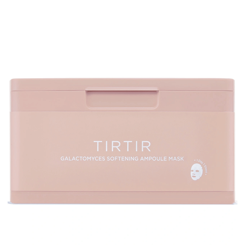 Rosa beholder med teksten "TIRTIR GALACTOMYCES SOFTENING AMPOULE MASK" og et lite ikon av en Sheet mask, designet for å oppbevare flere ansiktsmasker.