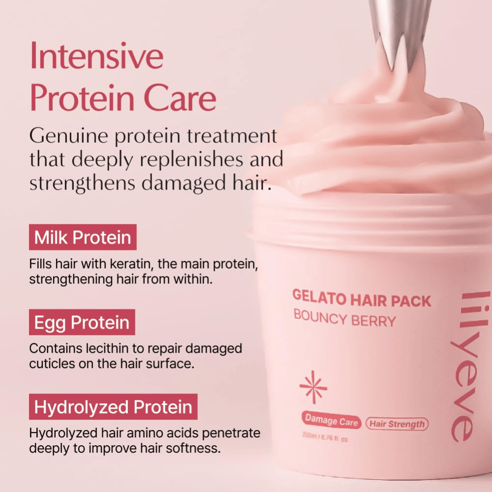 LILYEVE Gelato Hair Pack Bouncy Berry med melkeprotein, eggprotein og hydrolysert protein for intensiv pleie av skadet hår.