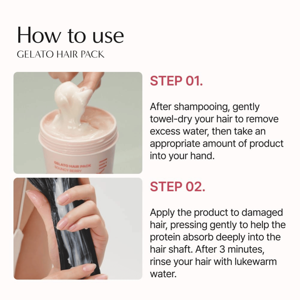 Slik bruker du LILYEVE Gelato Hair Pack – påfør hårmasken i håndkletørt hår, la virke i 3 minutter og skyll ut.