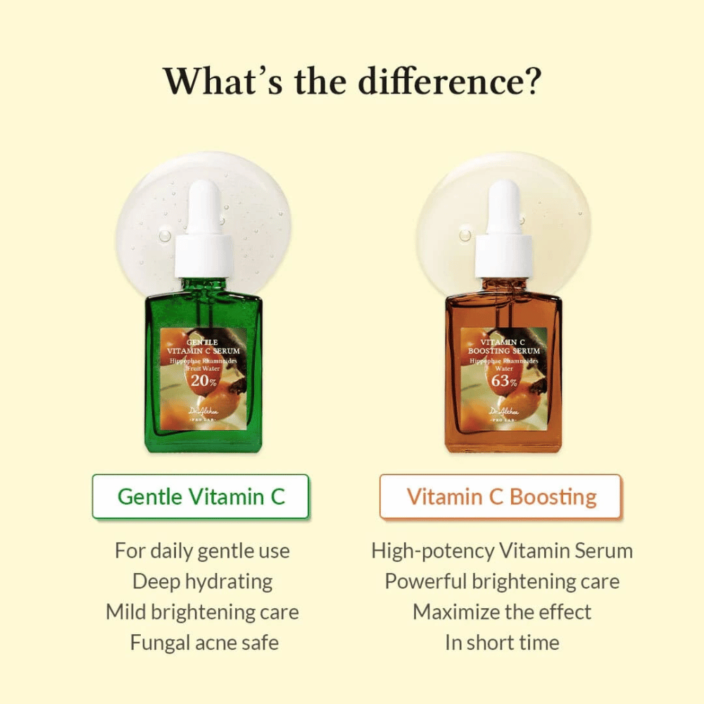 Gentle Vitamin C Serum er perfekt for daglig bruk, fukter dypt og gir mild lysning av huden. Sikker for hud med soppakne. Vitamin C Boosting Serum har høy konsentrasjon for kraftig lysning og raske resultater. Ideell for intensive hudbehov.