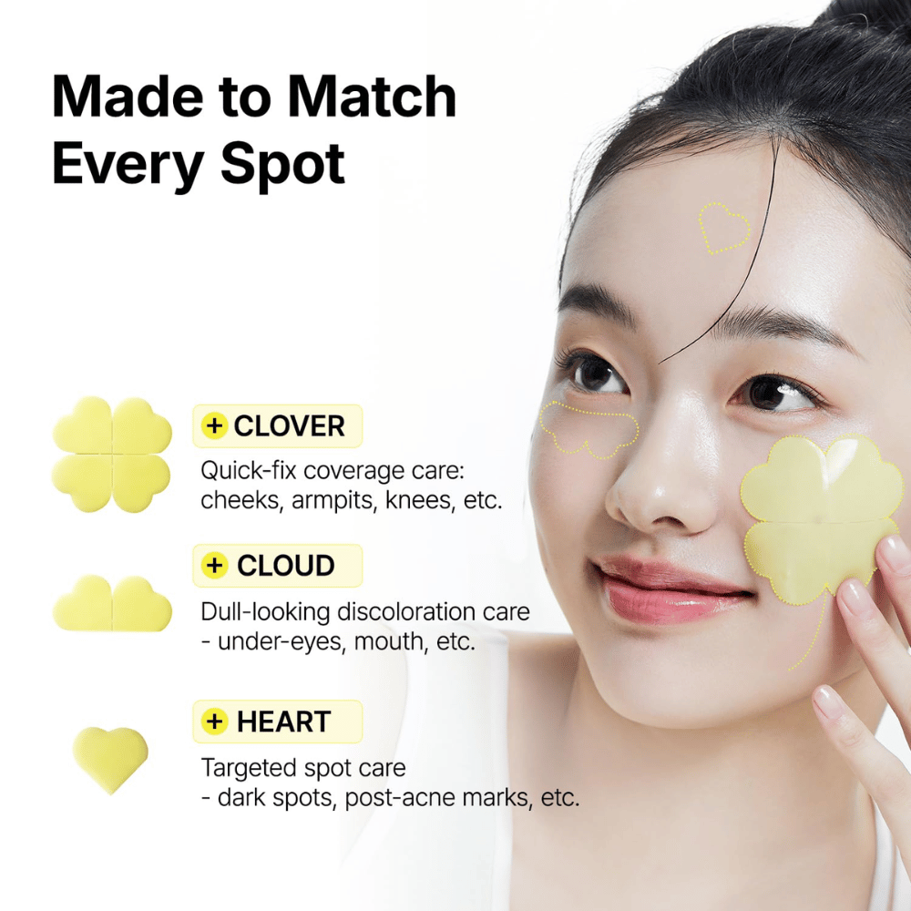 Ma:nyo Glutathione 7 Dark Spot Serum Patch med kløver-, sky- og hjerteformede plaster for målrettet behandling av ulike hudområder