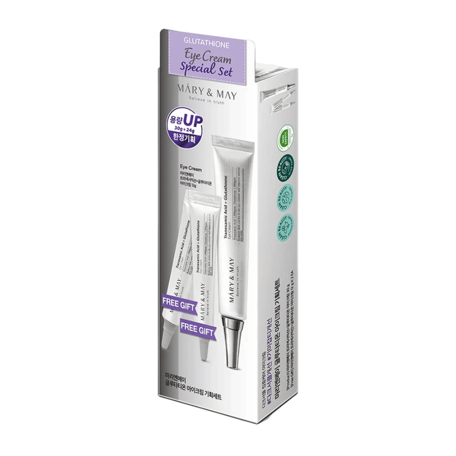 Mary&May Glutathione Eye Cream Special Set med bonusprodukter, et populært K-beauty-sett for intensiv lysning og pleie av huden rundt øynene.