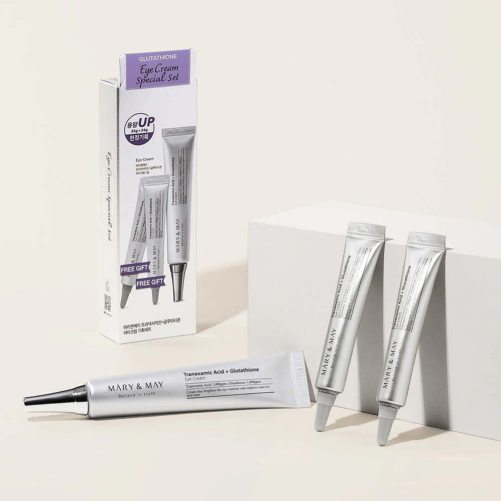 Mary&May Tranexamic Acid + Glutathione Eye Cream Special Set med originalemballasje og ekstra tuber, et komplett sett for glødgivende og jevnende øyepleie.
