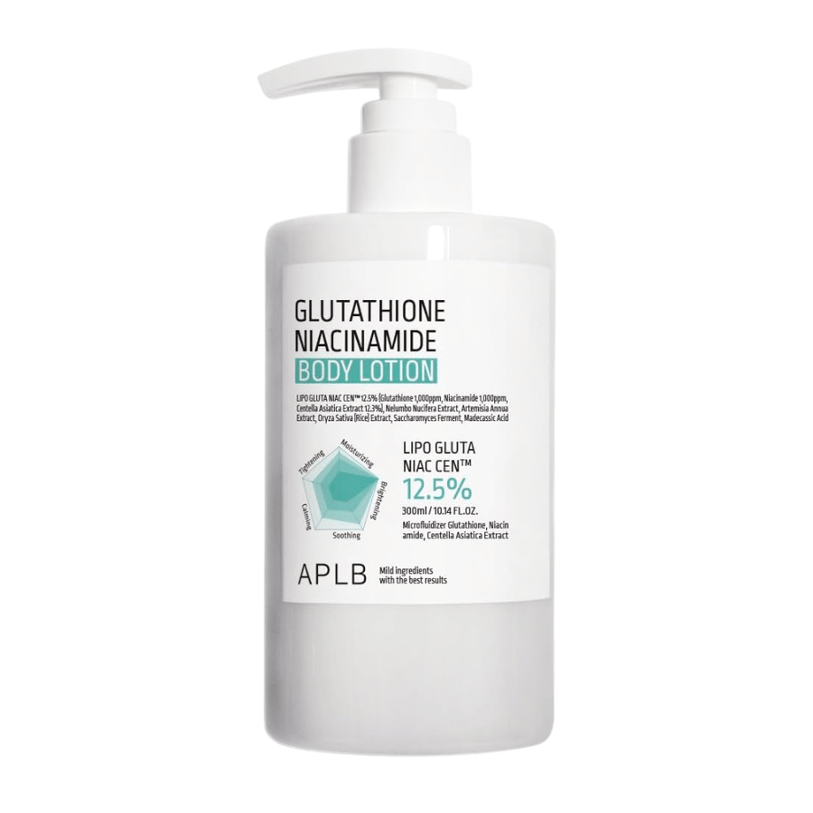 APLB Glutathione Niacinamide Body Lotion produktbilde med pumpeflaske og avansert formel for fuktighet, glød og forbedret hudelastisitet