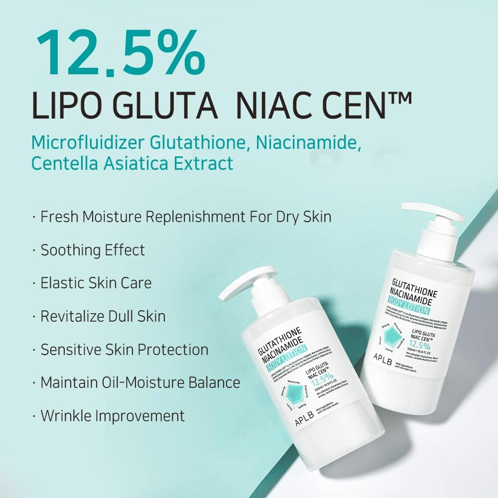 APLB Glutathione Niacinamide Body Lotion 12,5 % Lipo Gluta Niac Cent med fuktighet, hudbalanse, anti-age-effekt og beskyttelse for sensitiv hud