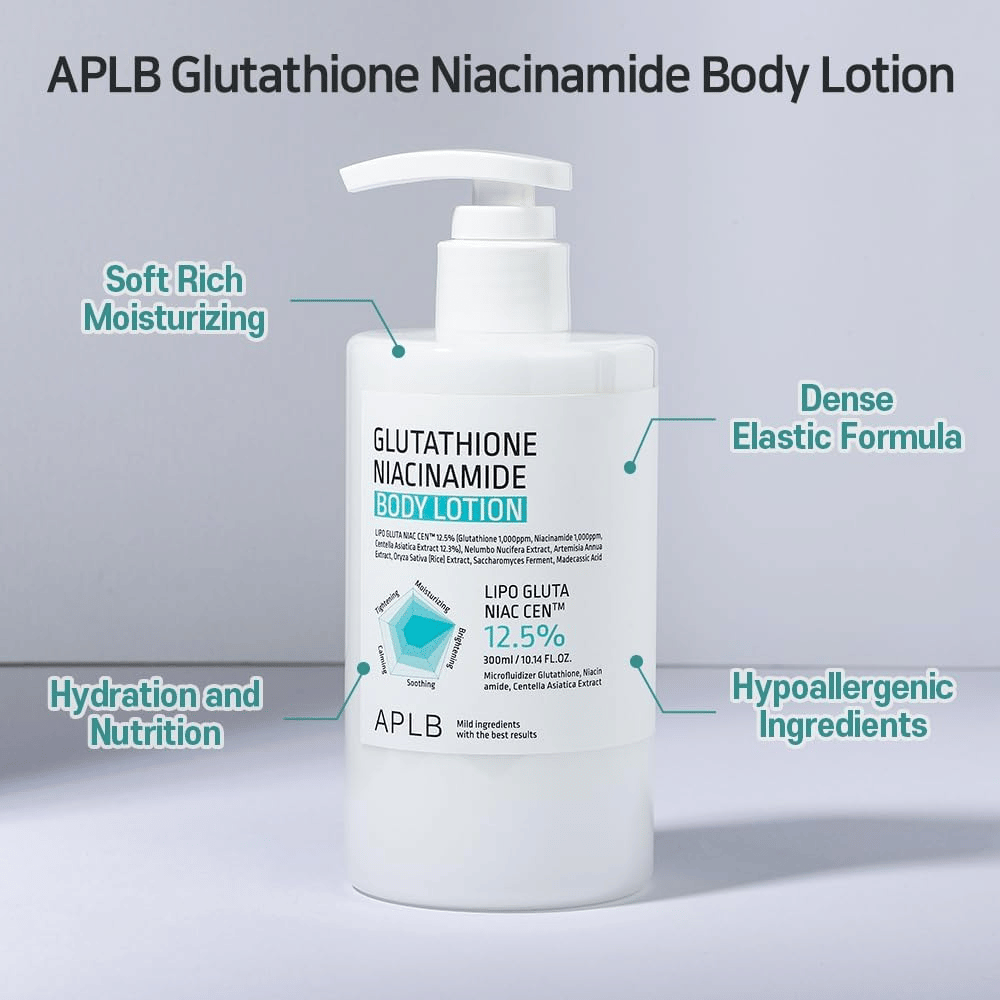 APLB Glutathione Niacinamide Body Lotion pumpeflaske med fuktighetsgivende, elastisk formel og hypoallergene ingredienser for myk og næringsrik hudpleie