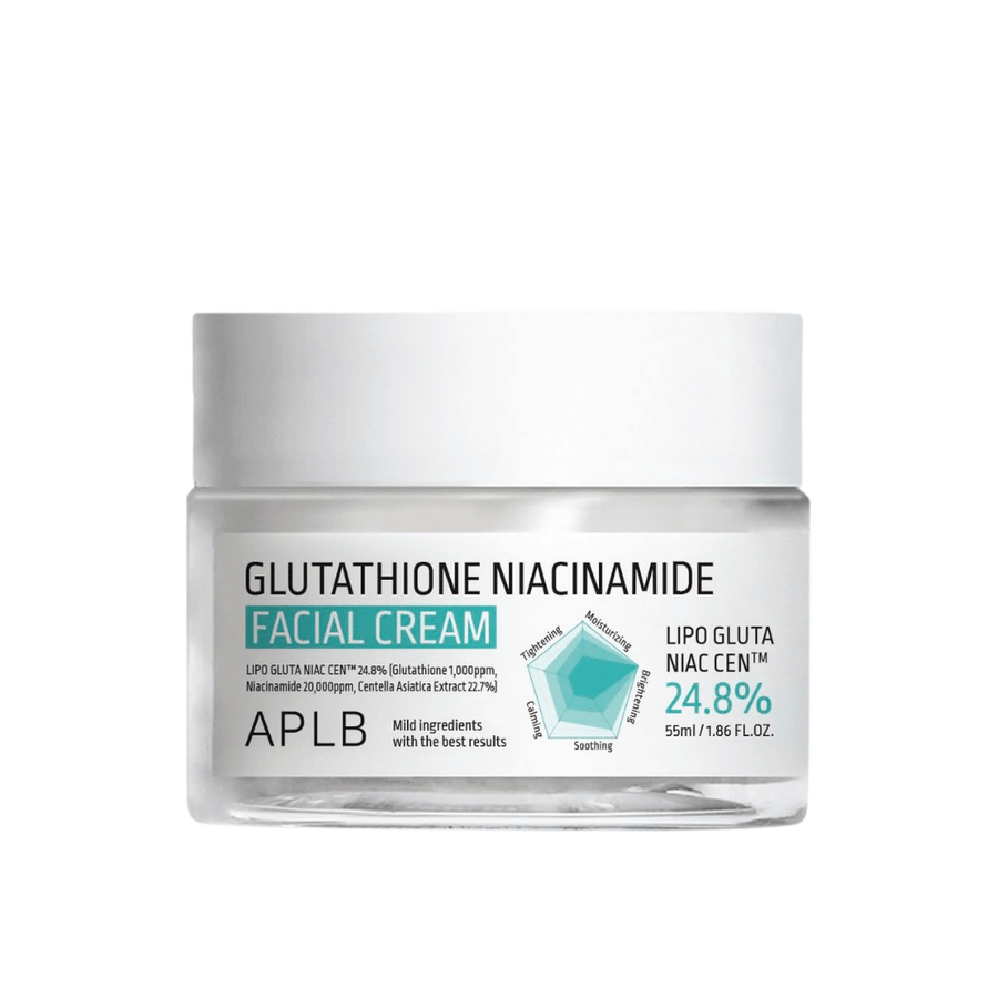 APLB Glutathione Niacinamide Facial Cream i krukke med lett formula som fukter, jevner ut hudtonen og gir økt glød