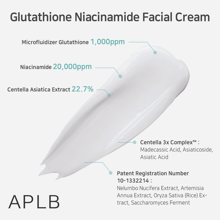 APLB Glutathione Niacinamide Facial Cream med 1000 ppm glutathione, 20000 ppm niacinamid og 22,7 % centella asiatica for fuktighet og beroligende effekt