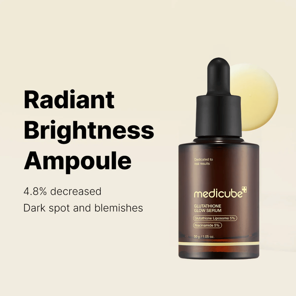 Medicube Radiant Brightness Ampoule – Glutathione Glow Serum med 5% glutathion-liposom og 5% niacinamid. Reduserer mørke flekker og ujevn hudtone for en strålende glød.