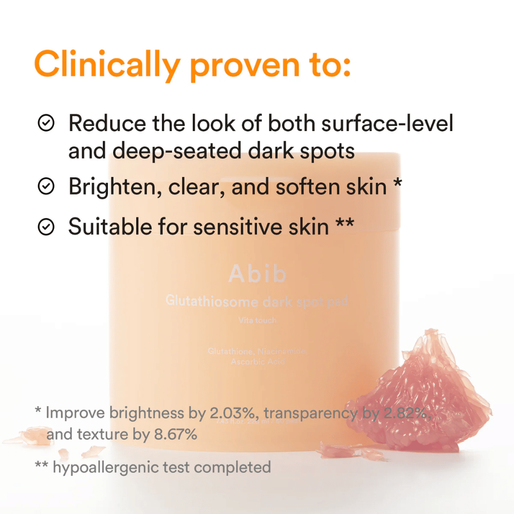 Abib Glutathiosome Dark Spot Pad Vita Touch med klinisk testede fordeler for glød og pigmentering.