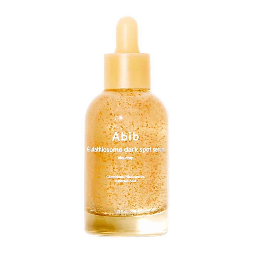 Produktbilde av Abib Glutathiosome Dark Spot Serum Vita Drop i en gjennomsiktig glassflaske med gul pipette og synlige mikrokapsler i serumet.