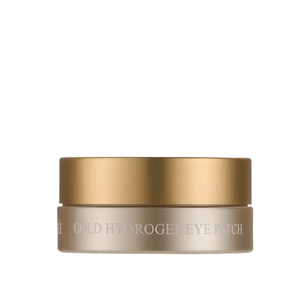 Frilagt produktbilde av PETITFEE Gold Hydrogel Eye Patch i en elegant gullfarget krukke mot lys bakgrunn. Designet gir et eksklusivt og luksuriøst inntrykk.