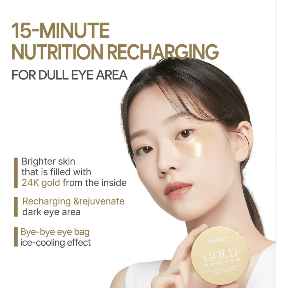 Kampanjebilde med modell som bruker PETITFEE Gold Hydrogel Eye Patch under øyet. Fokus ligger på å gi glød, gjenopplive trøtt hud og redusere synligheten av mørke ringer og hevelser.