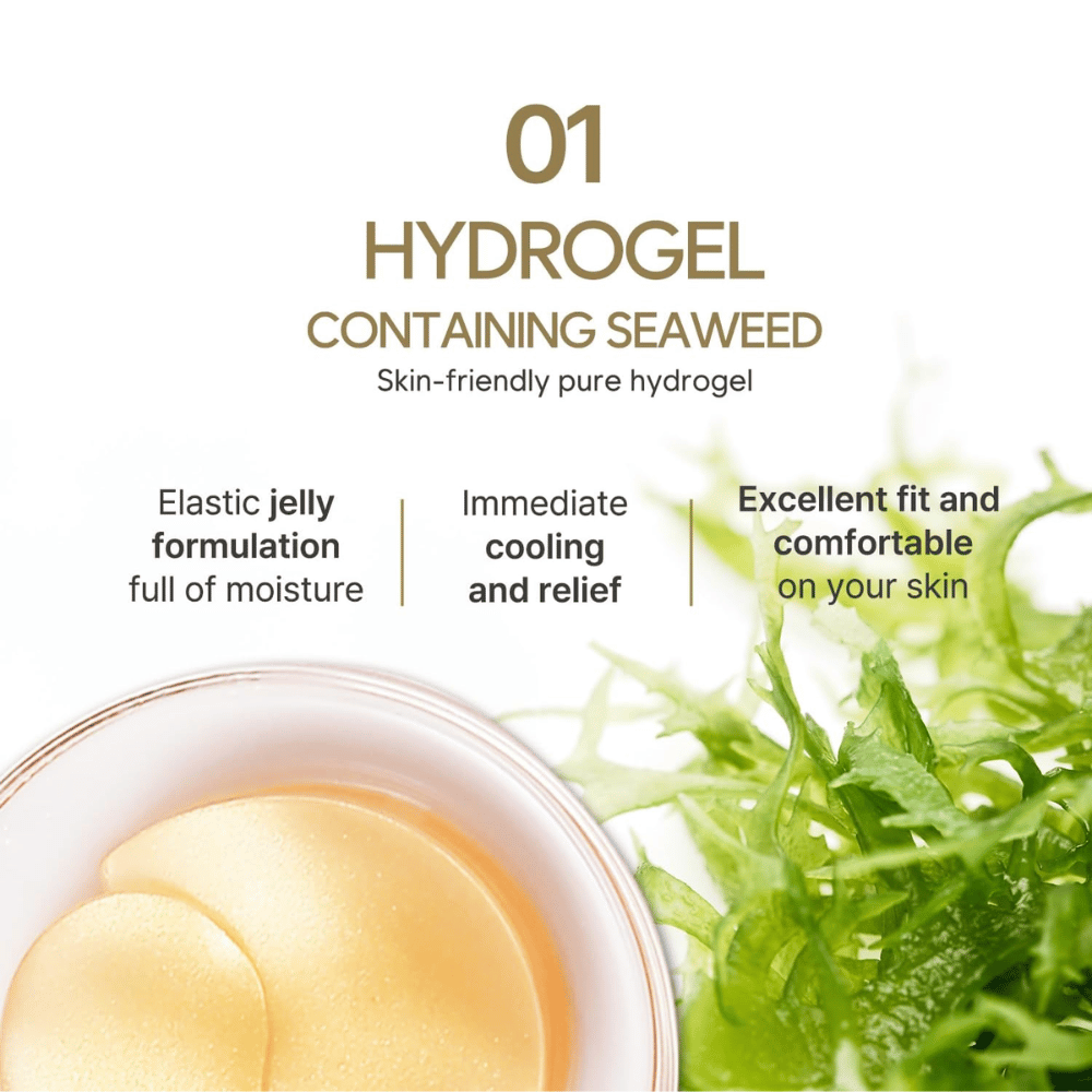 Produktbilde som fremhever hydrogel-formelen med sjøgress og dens fuktighetsgivende, kjølende og hudvennlige egenskaper. Bildet viser også de gelbaserte eye patchesene i emballasjen.