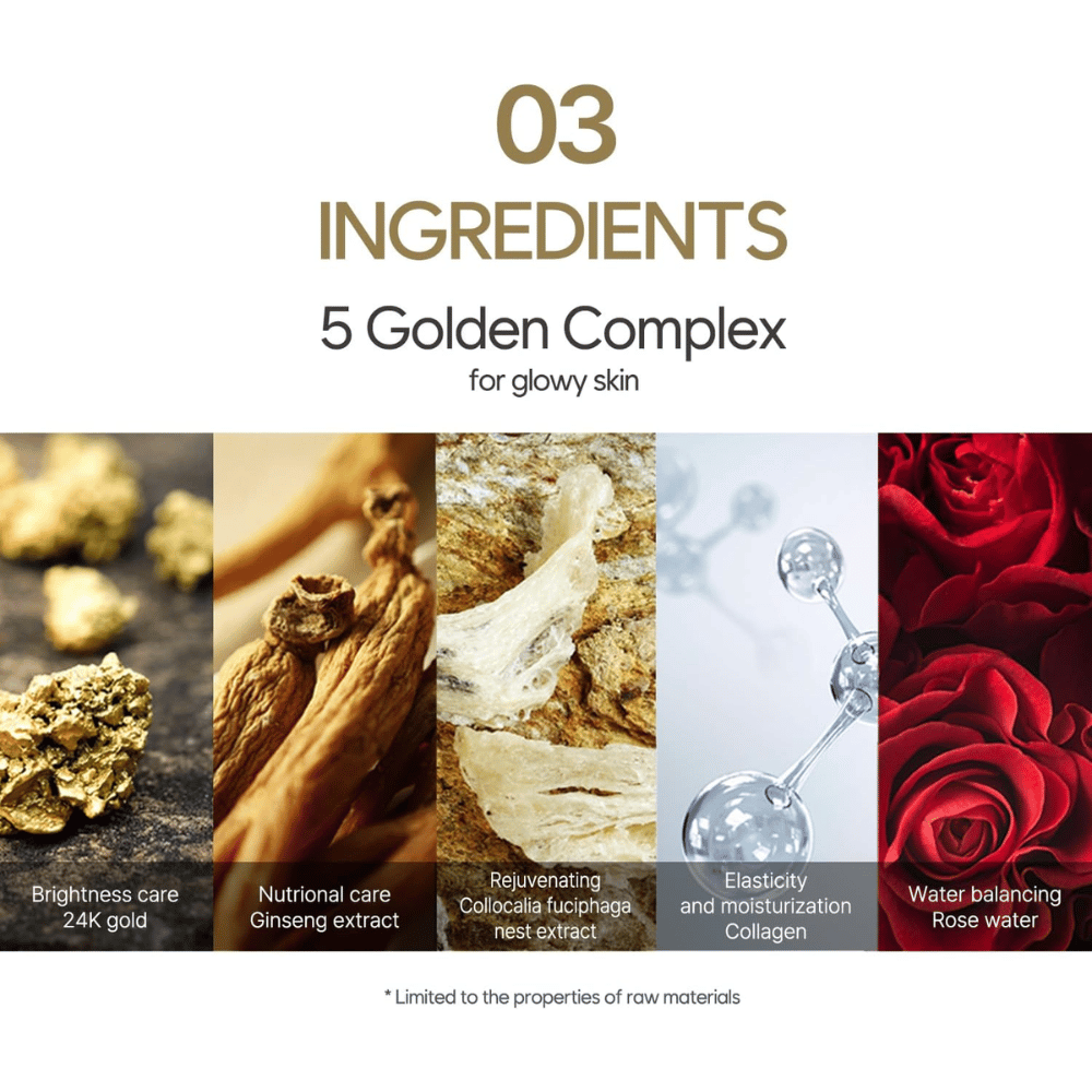 Informasjonsbilde om “5 Golden Complex” med ingredienser som 24K gull, ginsengekstrakt, fugleredeekstrakt, kollagen og rosevann. Fokus ligger på glød, elastisitet og fuktighet.