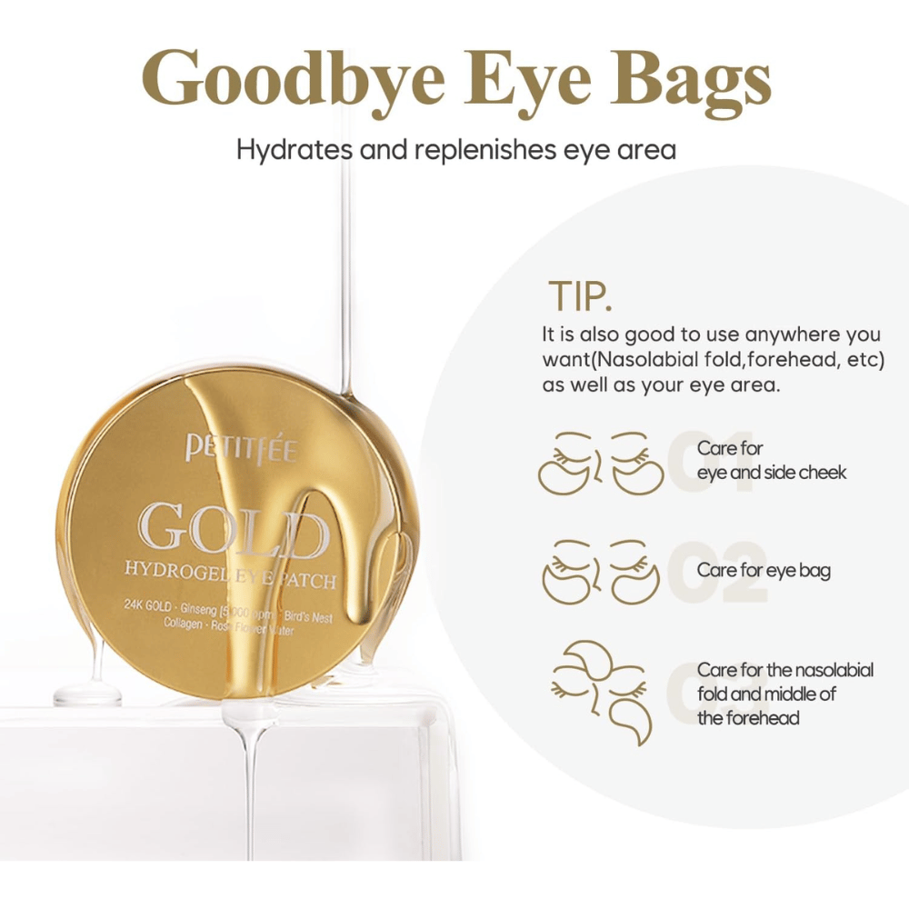 Produktbilde av PETITFEE Gold Hydrogel Eye Patch med fokus på å tilføre fuktighet og pleie området under øynene. Bildet viser også ulike bruksområder som poser under øynene, kinnområdet og nasolabiale linjer.