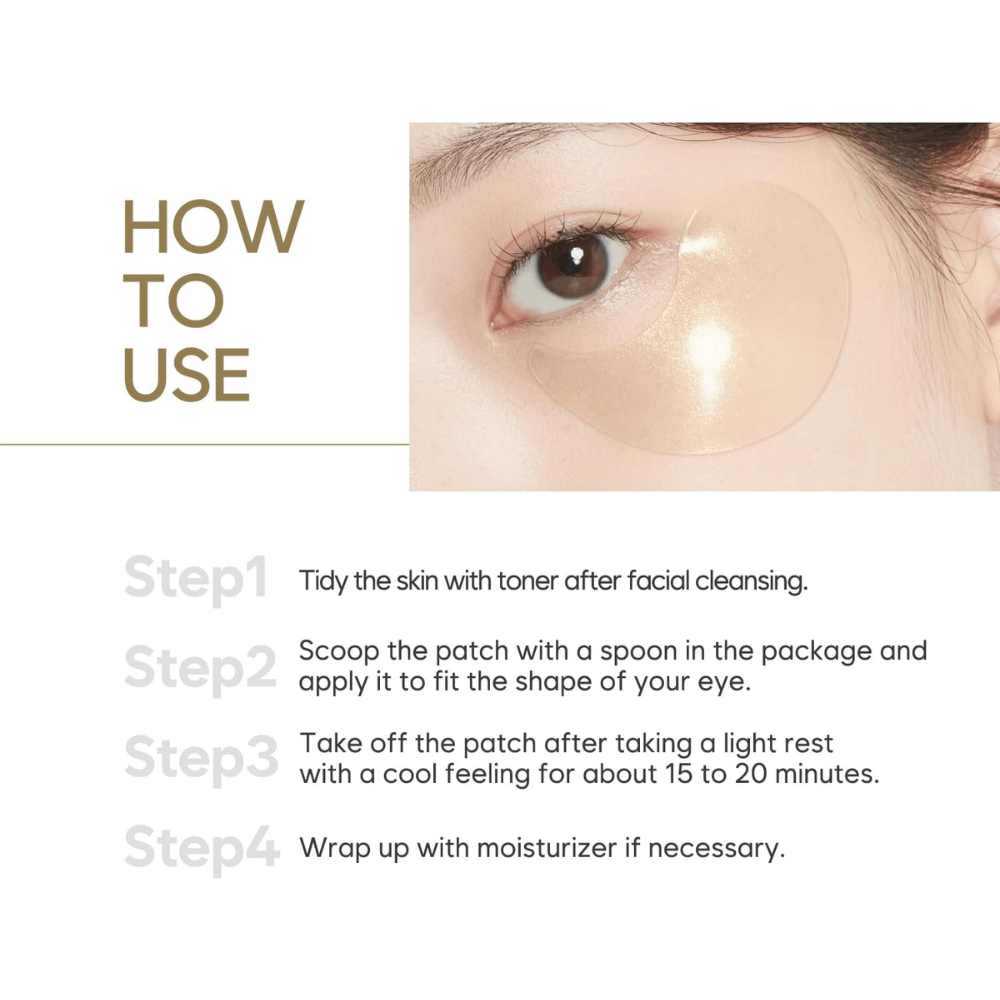 Instruksjonsbilde som viser hvordan hydrogel eye patches påføres under øynene etter rens og toner. En trinn-for-trinn-guide beskriver bruk og anbefalt virketid for fuktet og frisk hud.
