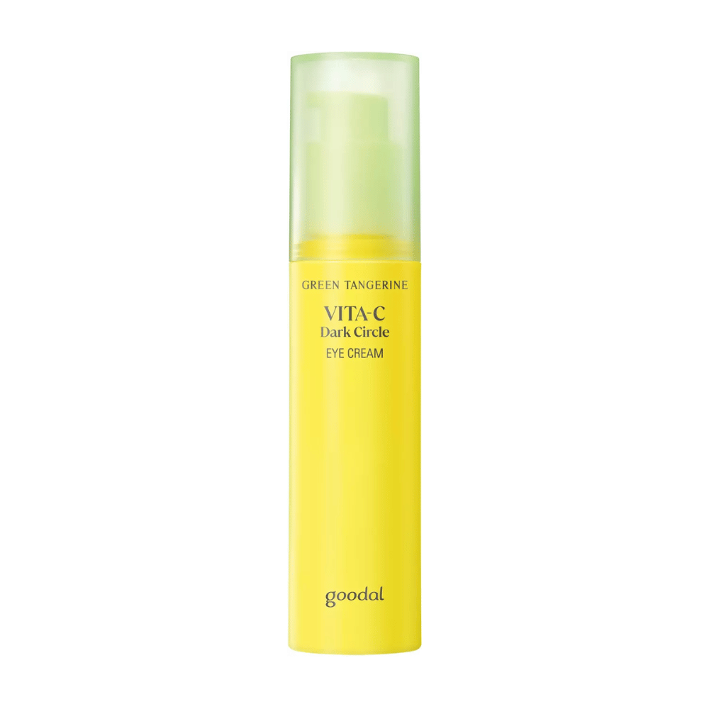 En flaske Goodal Green Tangerine Vita C Dark Circle Eye Cream 30ml på hvit bakgrunn med C-vitamin.