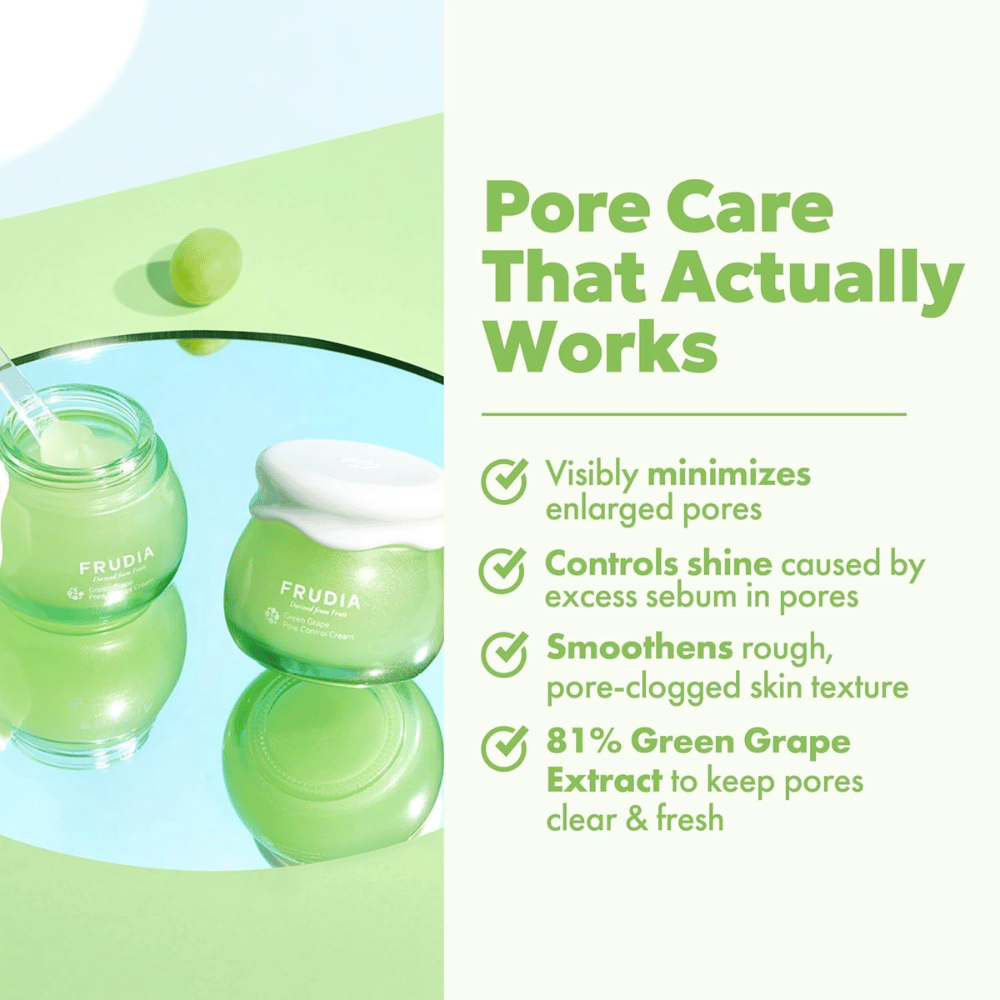 FRUDIA Green Grape Pore Control Cream som synlig reduserer porer, kontrollerer glans og jevner ut hudstrukturen med 81 % grønn drueekstrakt.